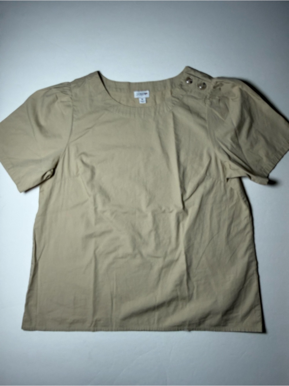 J Crew Women’s Medium Khaki Puff Sleeve Button Shoulder Cotton Blouse